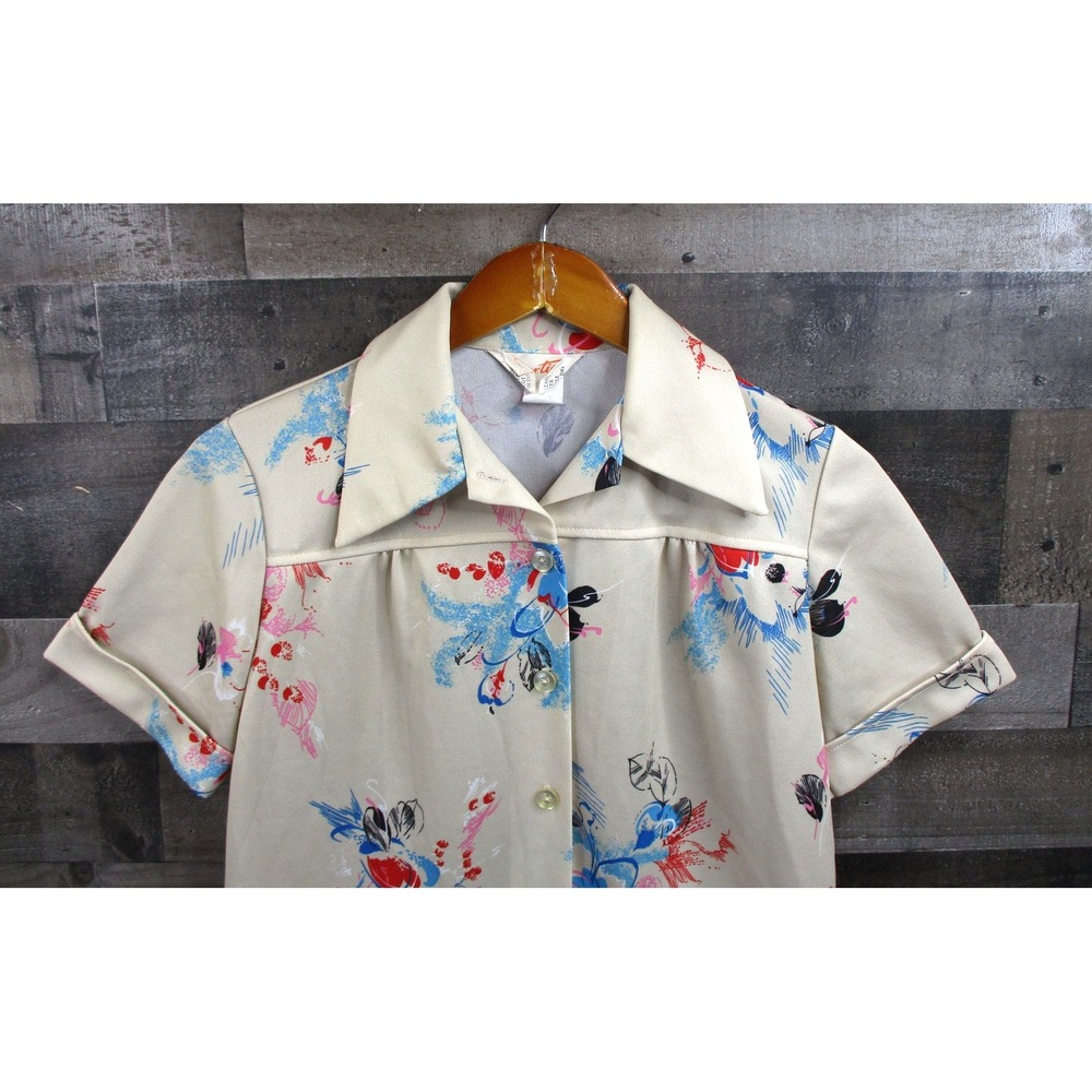 Vintage Smartique Shirt Womens 10 Beige Asian Floral Tunic Top 60s 70s Mod Retro